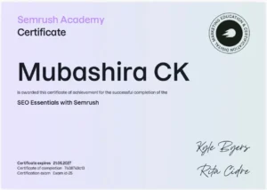 semrush certificate image by top freelance digital marketer in malappuram